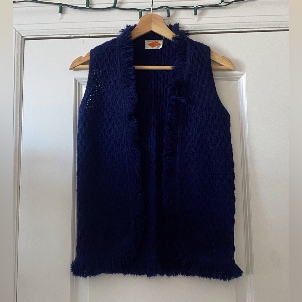 Origiknits Inc. Vintage Blue Knitted Fringe Trim Vest